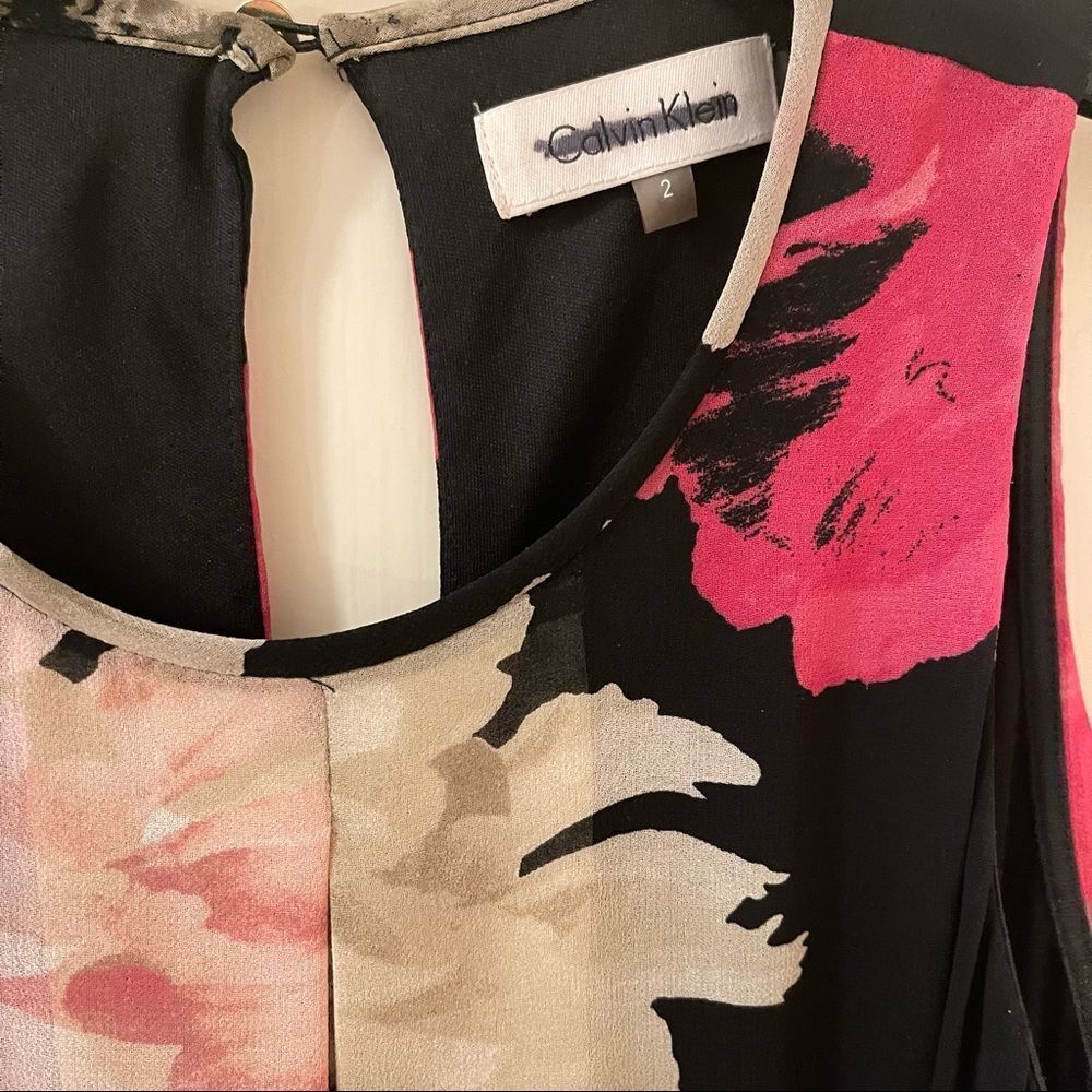 Calvin Klein Chiffon Swing Dress Floral Black Red… - image 3
